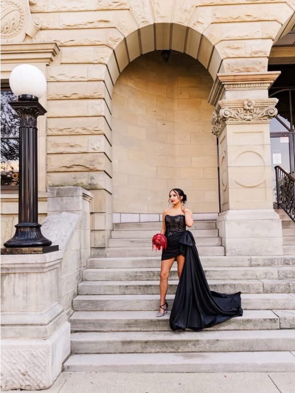 Sherri Hill Black Strapless High-Low Prom Dress with Train